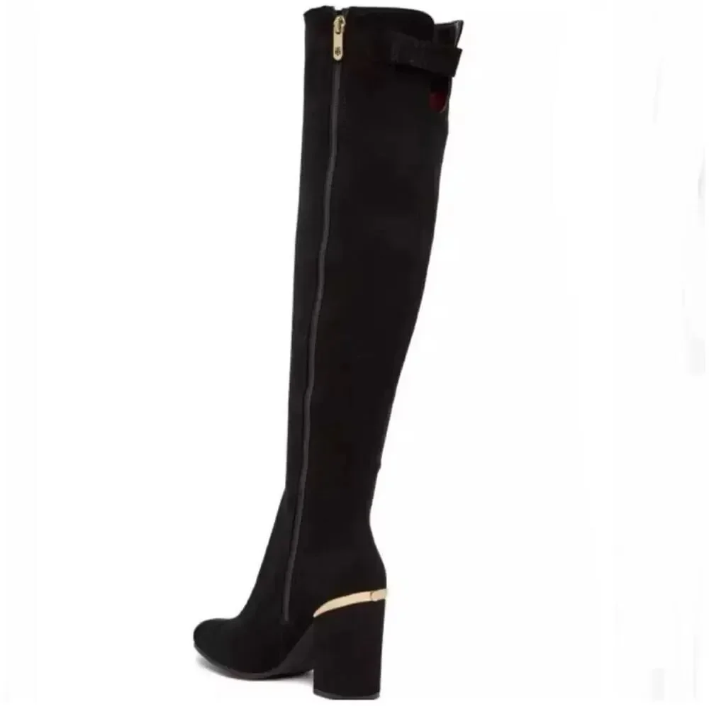 TOMMY HILFIGER | Faux Suede Black Gold Hardware Over Knee Boots Twnarzel | 9